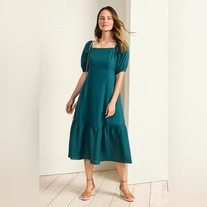 Garnet Hill Linen Teal Puff Sleeve Midi Dress